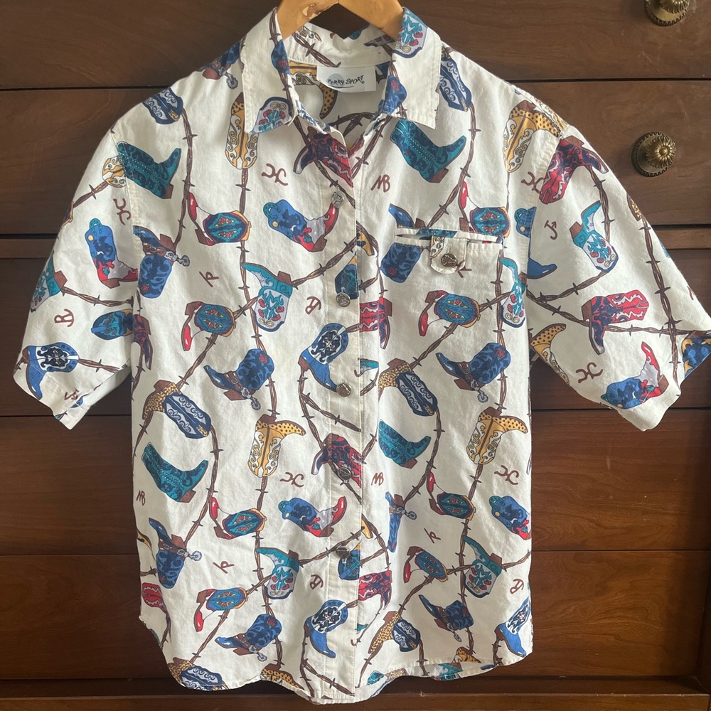 Vintage Western Cowboy Boot Button Down Short Sleeve Shirt